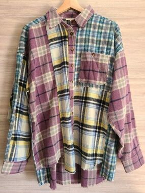 Easel Patchwork Plaid Flannel Shirt M Distressed Hem Boho Overshirt NWT